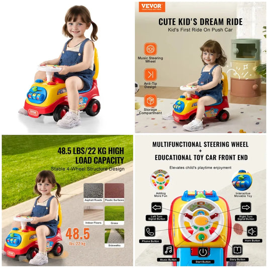 Ride On Push Car For Toddlers 1 To 3 With Music Steering Wheel