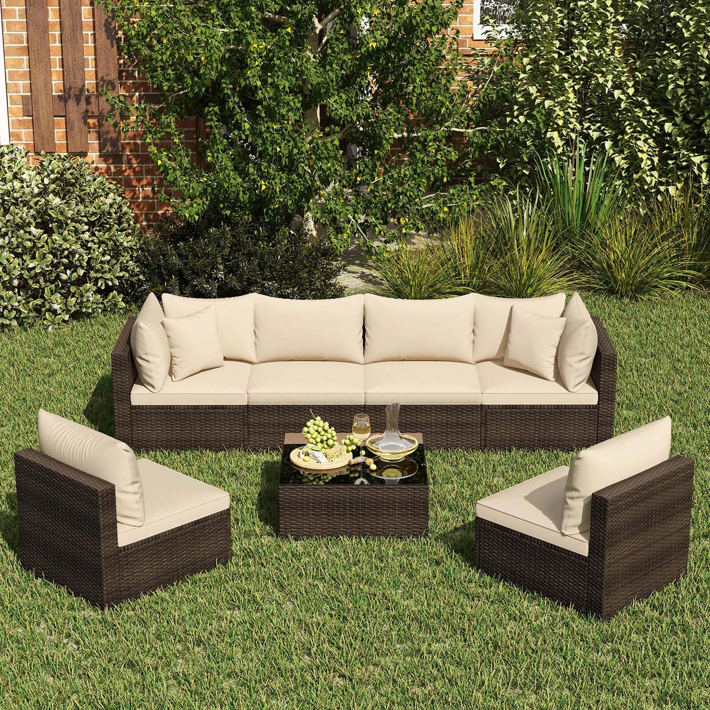7 Piece Patio Rattan Furniture Set With Cushioned Sectional Sofa For Garden Brown