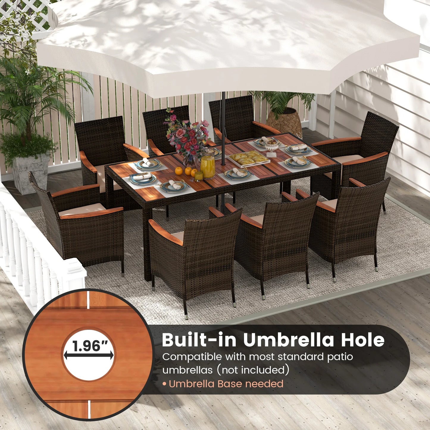 9-Piece Patio Dining Set With Wicker Chairs, Acacia Wood Table Top, Umbrella Hole And Cushions