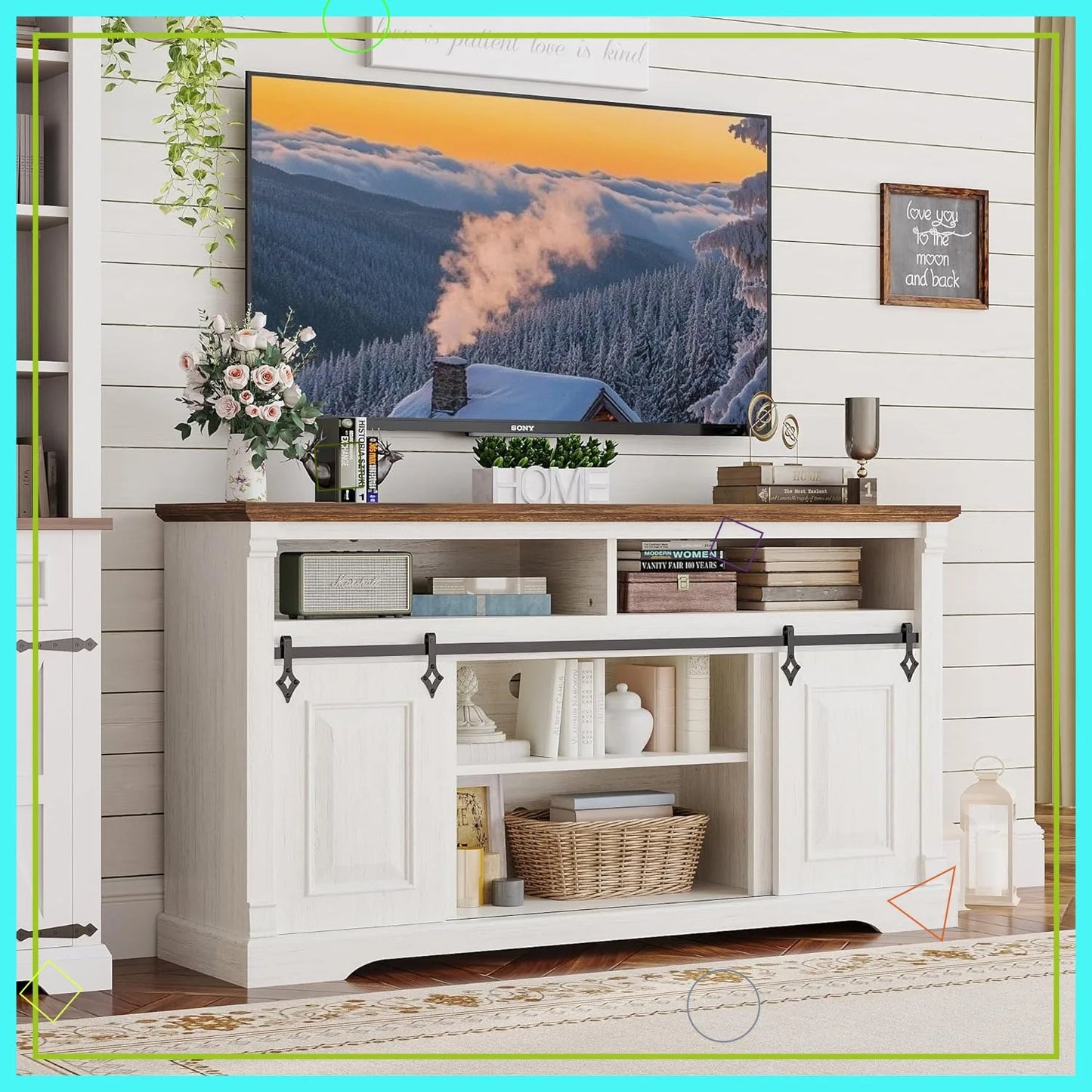Farmhouse TV Stand With Sliding Barn Door And Storage Cabinets