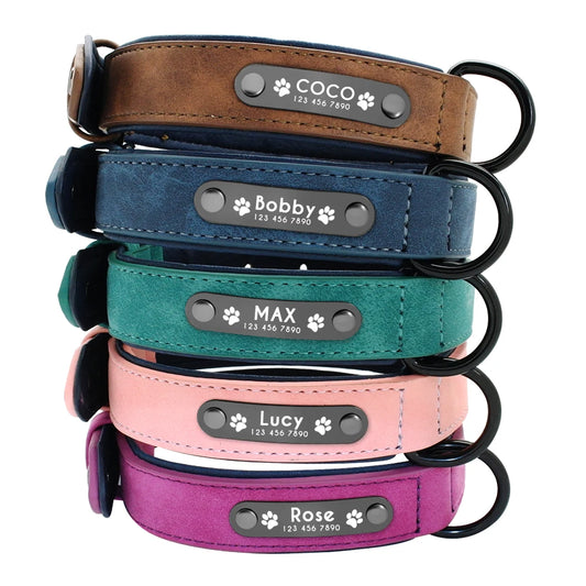 PET ARTIST Engraved Leather Dog Collar With Name And Phone