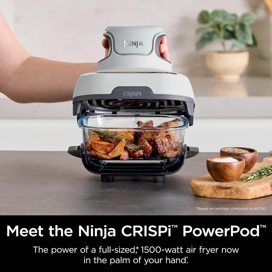 FN100WH Crispi Air Fryer Microwave Freezer Dishwasher Safe Non Toxic Glass Portable Cooking System with 4 QT 5 Cup Glass Contai