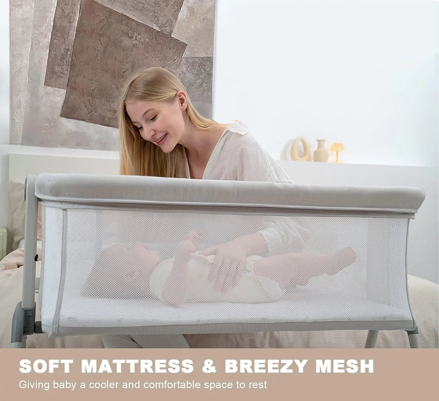 Portable Baby Bassinet with Wheels, Adjustable Height & Mattress for Newborns up to 20 lbs