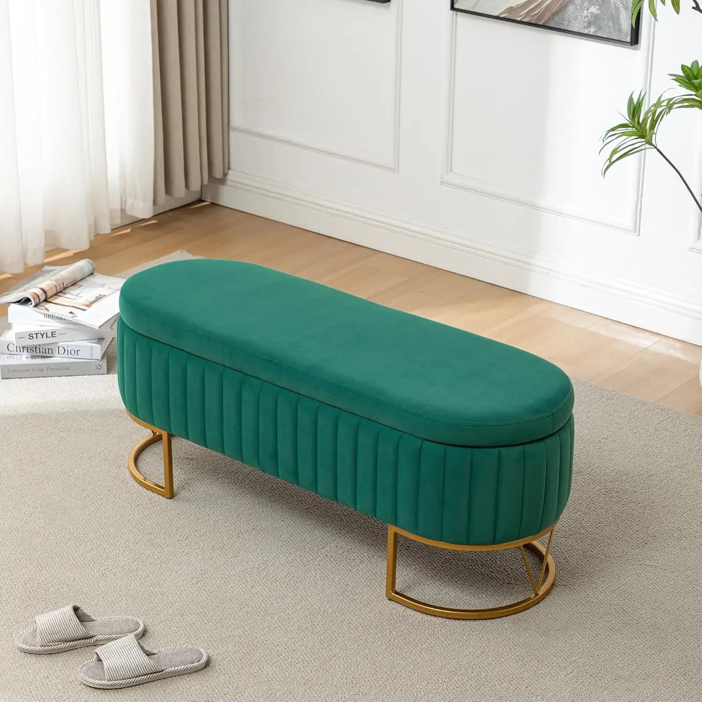 HUANZHUANG Velvet Oval Upholstered Storage Bench With Gold Legs
