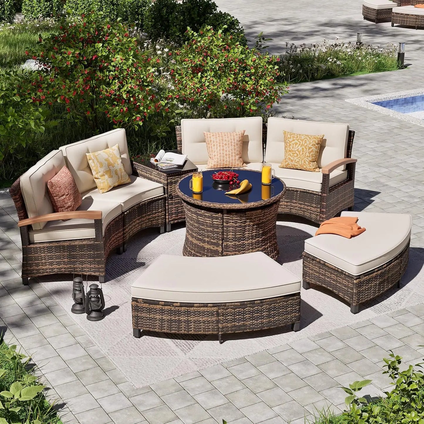 Multi-piece Outdoor Patio Furniture Sets, Half Moon Curving Part of The Sofa Rattan Patio Conversation Sets