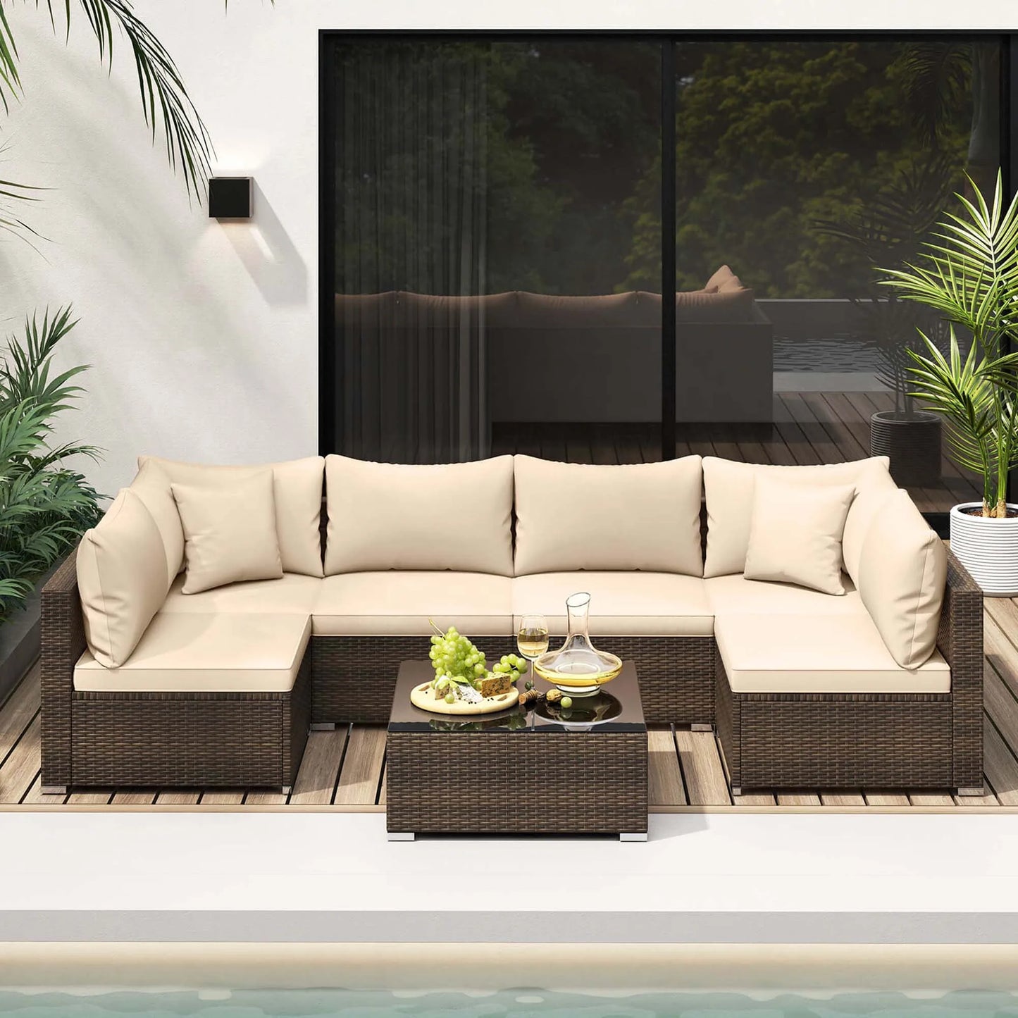 7 Piece Patio Rattan Furniture Set With Cushioned Sectional Sofa For Garden Brown