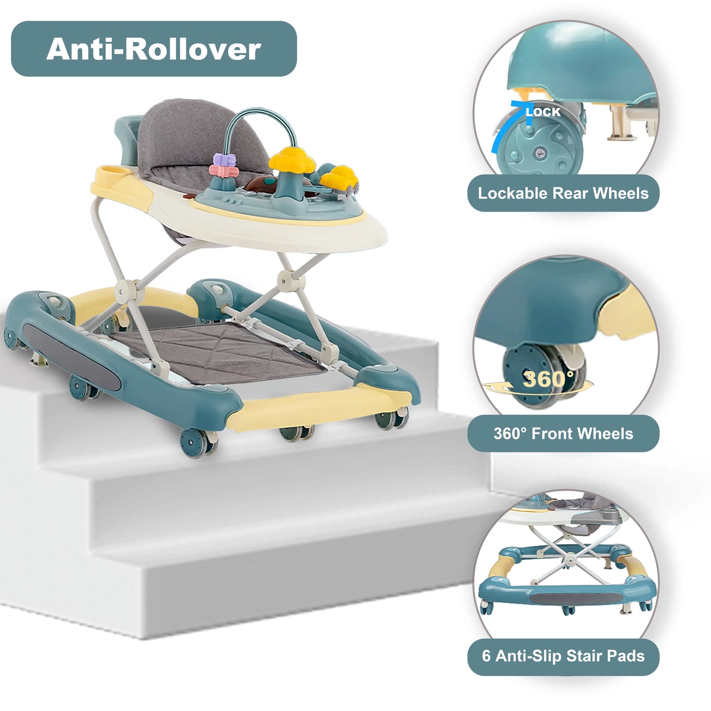 6 in 1 Baby Walker with Music,Lights,Spinning Wheels,Toy Rack,Pusher,Dining Tray For 7 Months Plus Kids Push Walker Antirollover