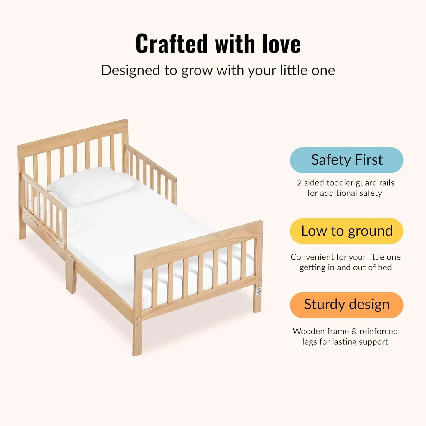 Vintage White Oak Toddler Bed with Safety Rails, Low-to-Floor Design, Greenguard Gold Certified, Non-Toxic Finish
