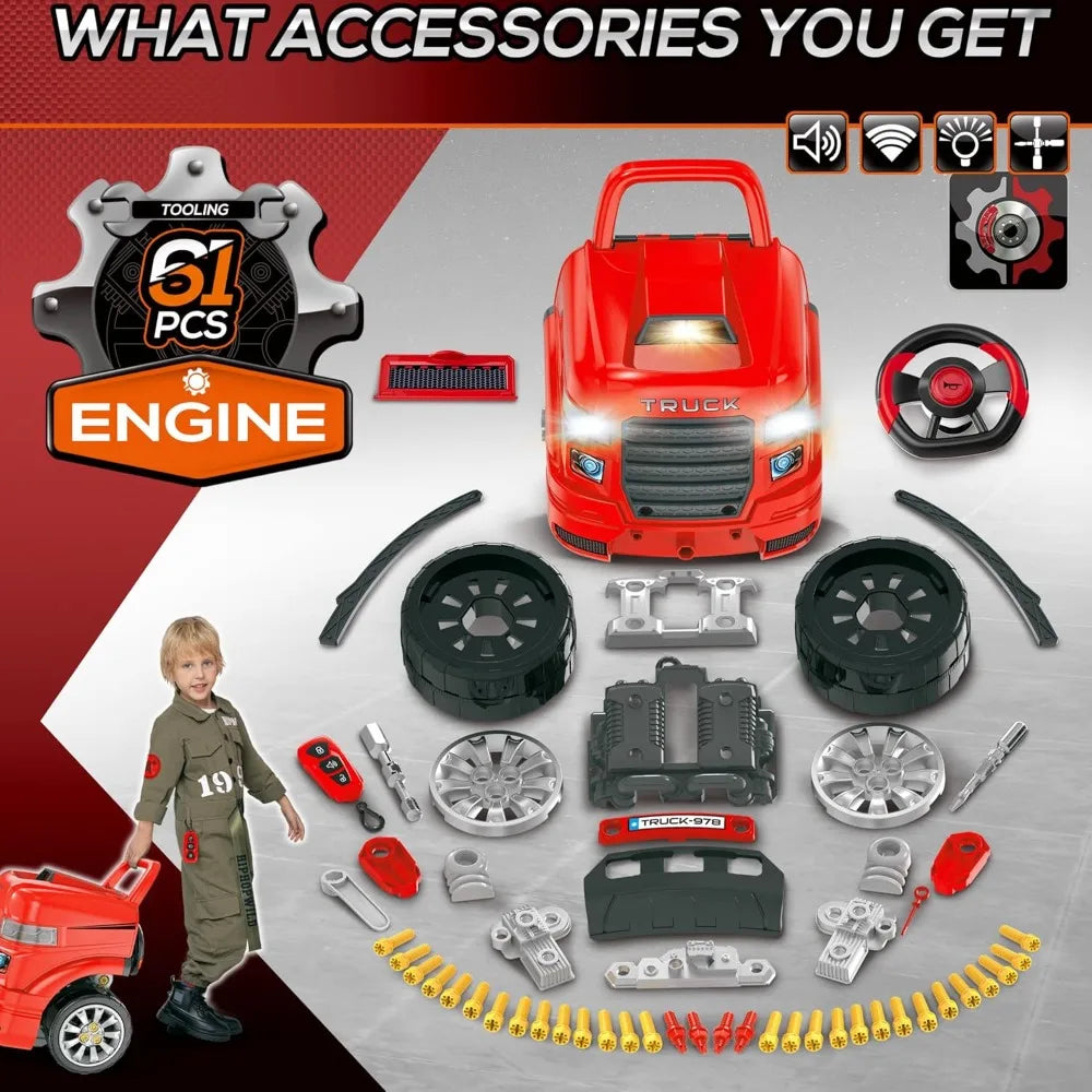 Truck Engine Toy,  Pretend Car Service Station Play with 61-Piece Included, Kids Mechanic Set with Lights,Toy Kids Aged 3+, Red
