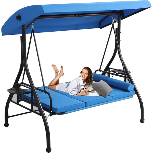 Outdoor Patio Swing With Stand Cushioned Pillows Tray