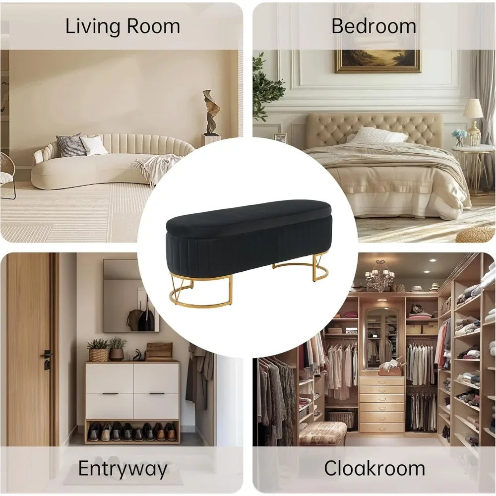 HUANZHUANG Velvet Oval Upholstered Storage Bench With Gold Legs