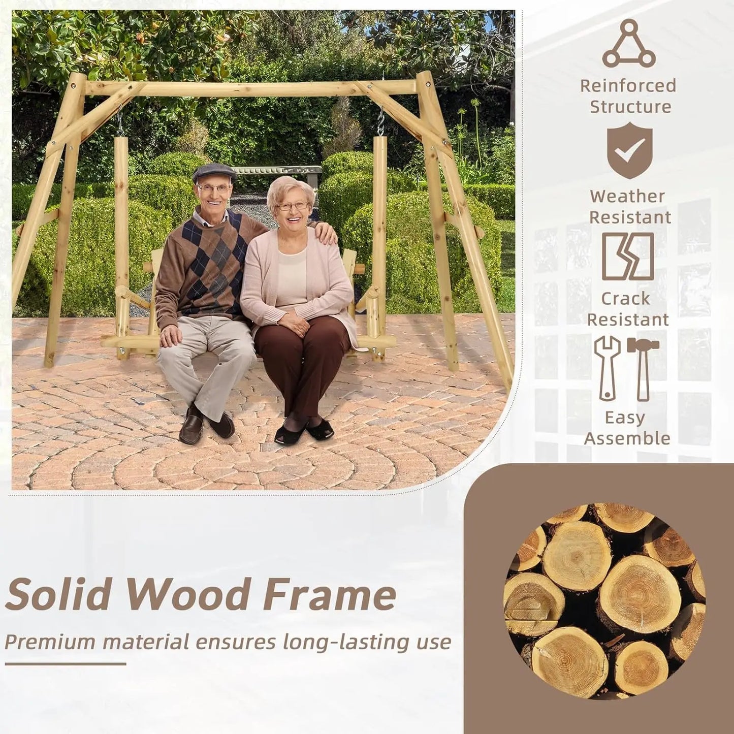 Wooden Porch Swing With Stand Rustic Hardwood Bench Natural Finish