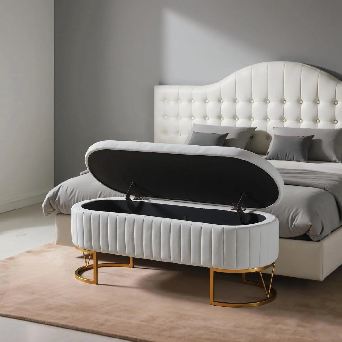 HUANZHUANG Velvet Oval Upholstered Storage Bench With Gold Legs