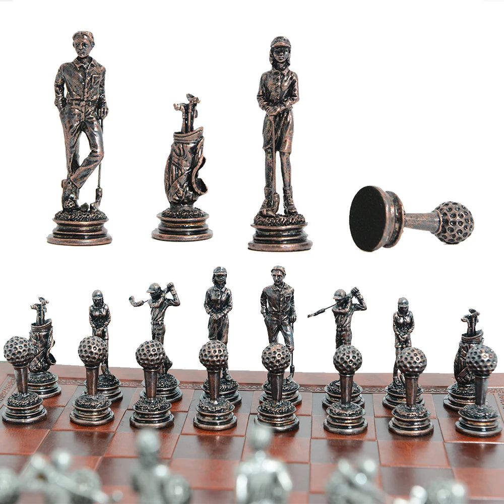 Metal Golf Theme Chess Set With Artificial Leather Chessboard