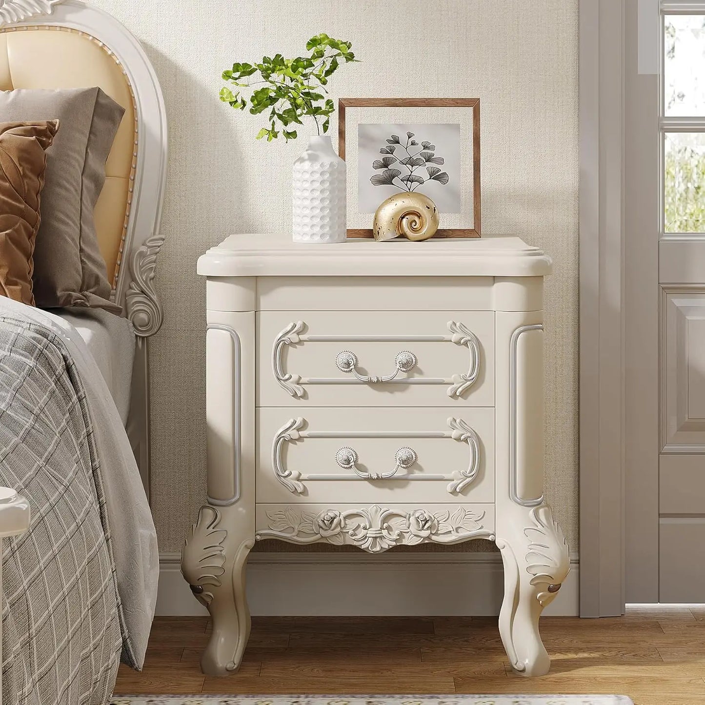 White Nightstand, End Table with 2 Drawers, Carved Bedside Tables, Side Table for Bedroom, Classic Bedroom Furniture