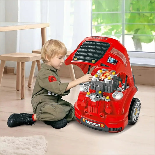 Truck Engine Toy,  Pretend Car Service Station Play with 61-Piece Included, Kids Mechanic Set with Lights,Toy Kids Aged 3+, Red