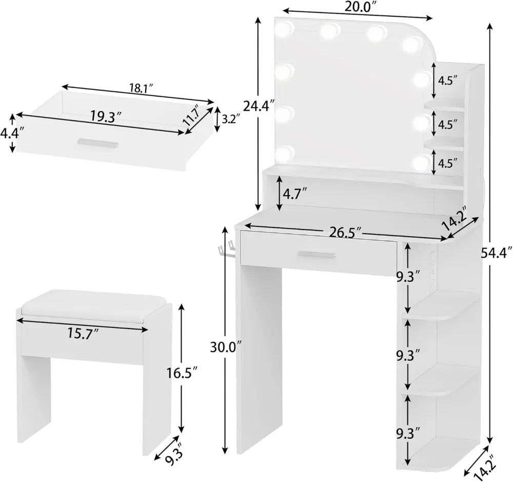 Compact Makeup Vanity Desk With Mirror Lights And Stool