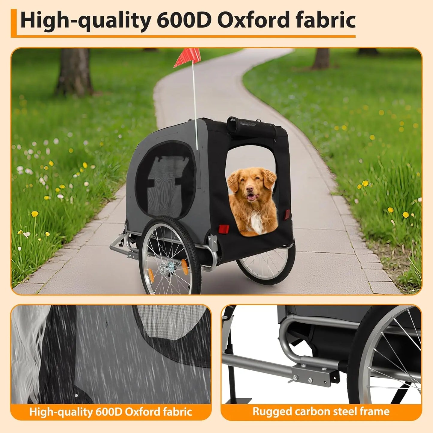 Steel Dog Bike Trailer with Universal Bicycle Coupler Folding Pet Cart Bicycle Carrier Max 40kg Water Resistant Pet Bike Trailer