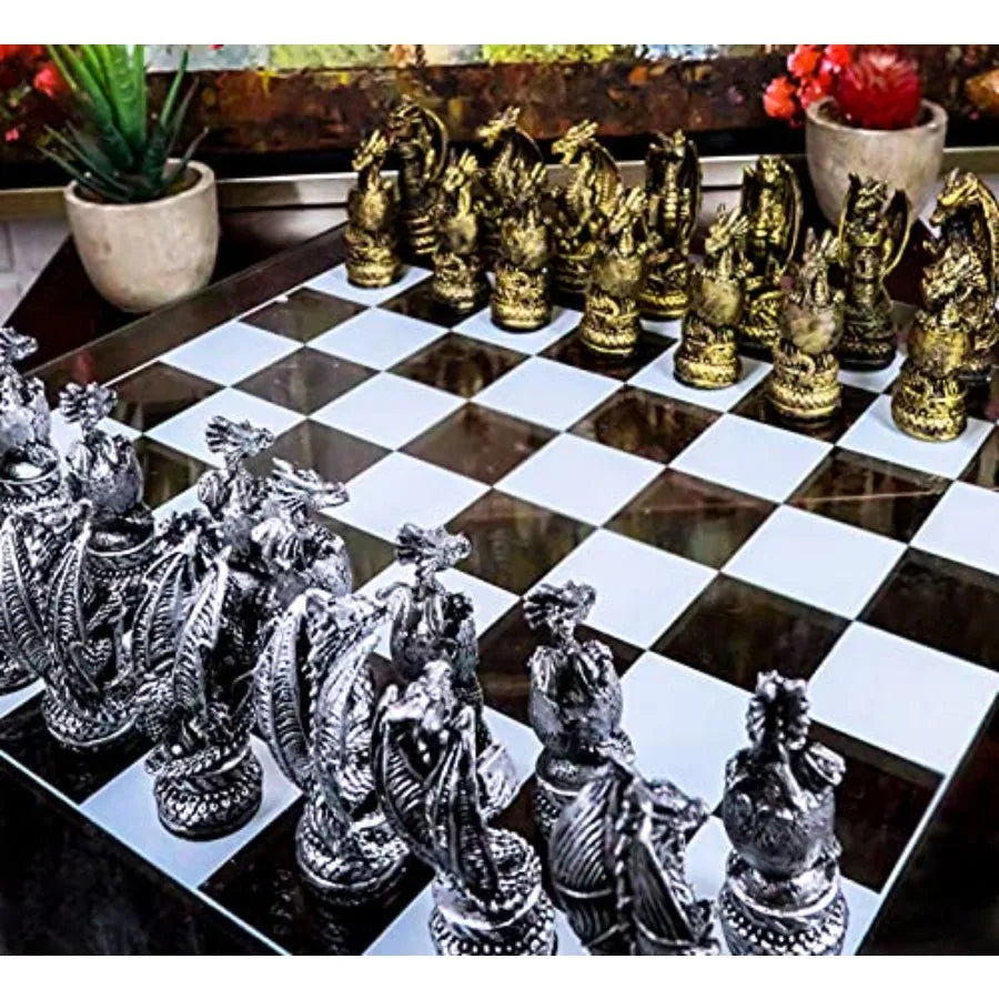 Ebros Mythical Medieval Fantasy Silver and Gold Colored Dragon Old World Kingdoms Resin Chess Pieces with Frosted Glass Board S