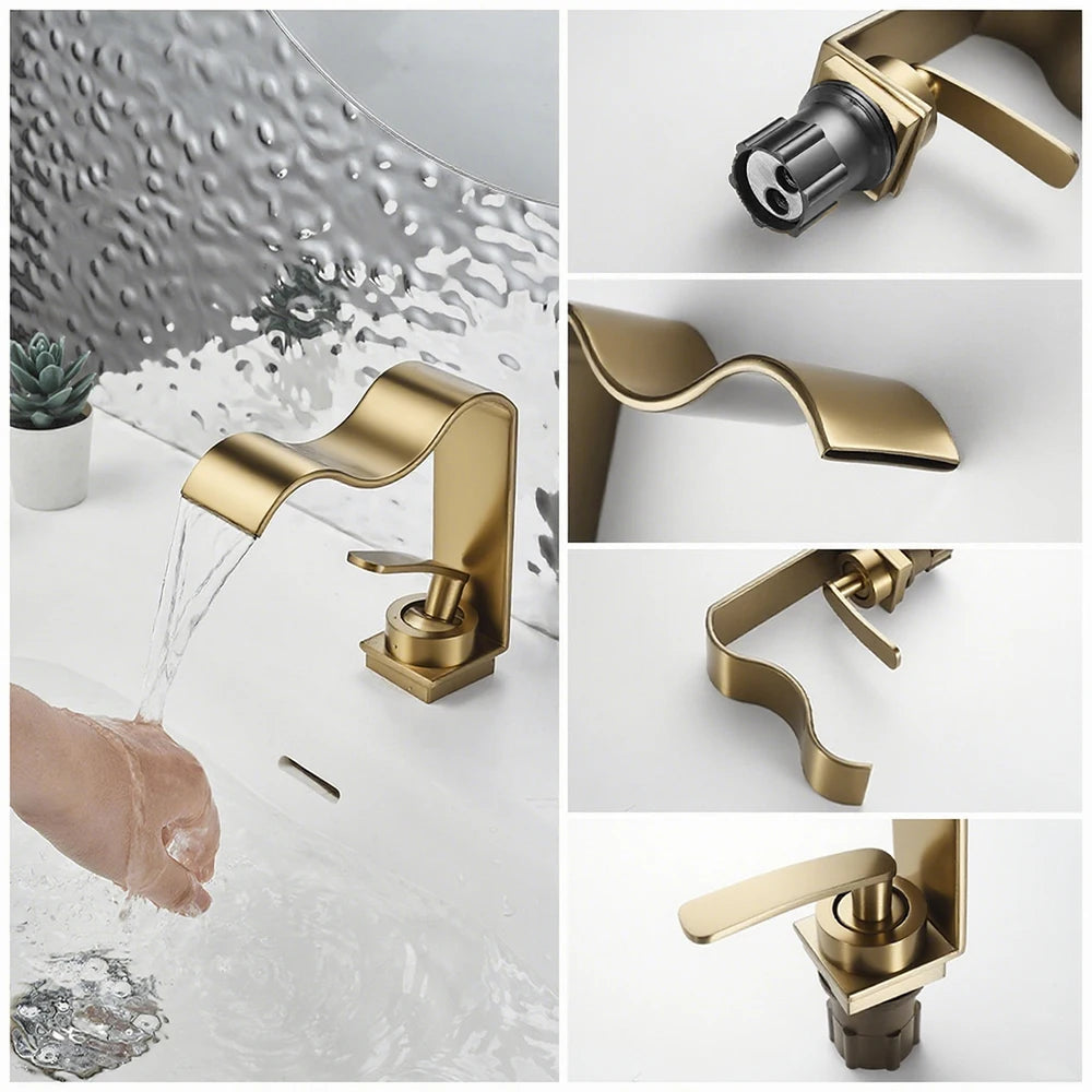 WJNMONE Deck Mounted Brass Bathroom Faucet Waterfall Lavatory Tap
