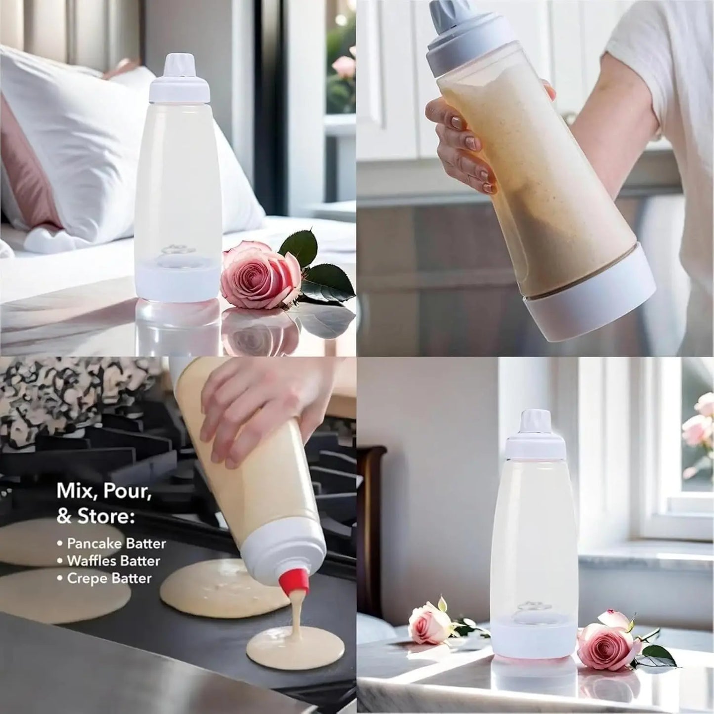 Pancake Batter Dispenser with Mixing Ball & Stand – Easy Pour Batter Mixer for Pancakes, Waffles & Cupcakes