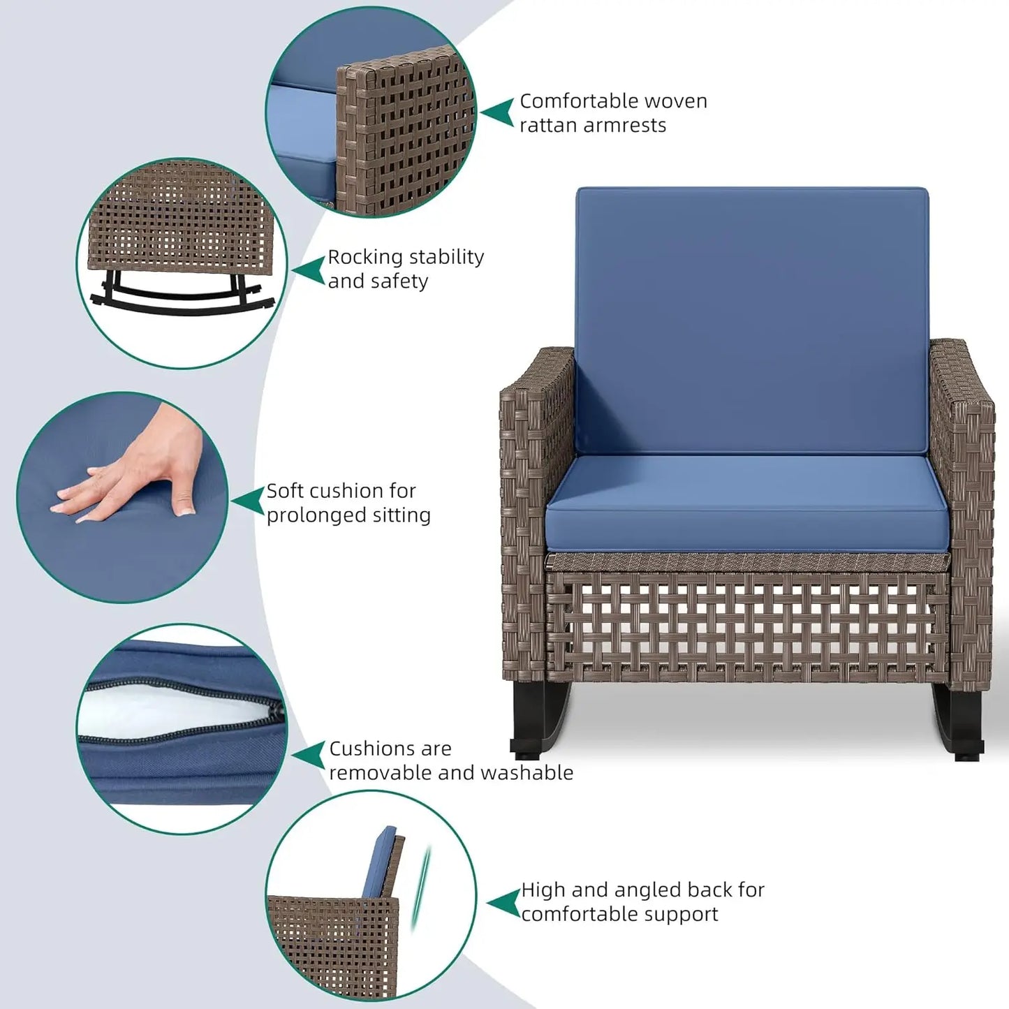 Wicker Patio Rocking Chair Set With Rattan Side Table Cushions