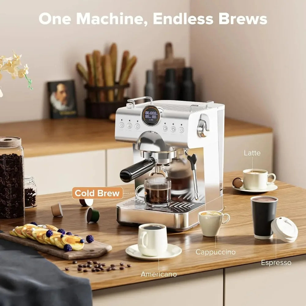 Espresso Machine with Cold Brew, 20 Bar Espresso Maker with Milk Frother, Stainless Steel Coffee Machine with 1.5L, Customized