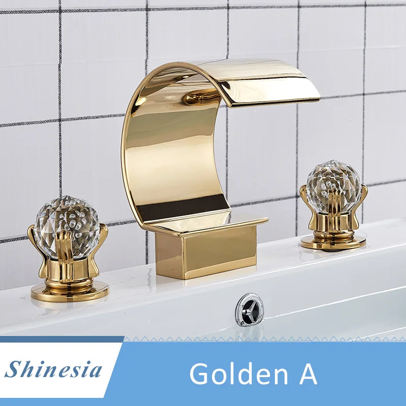 Shinesia Luxury Golden Vessel Sink Faucet With Dual Cristal Handles