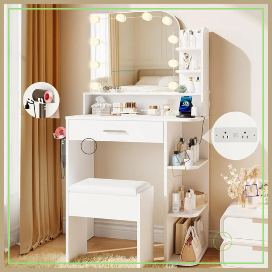 Compact Makeup Vanity Desk With Mirror Lights And Stool