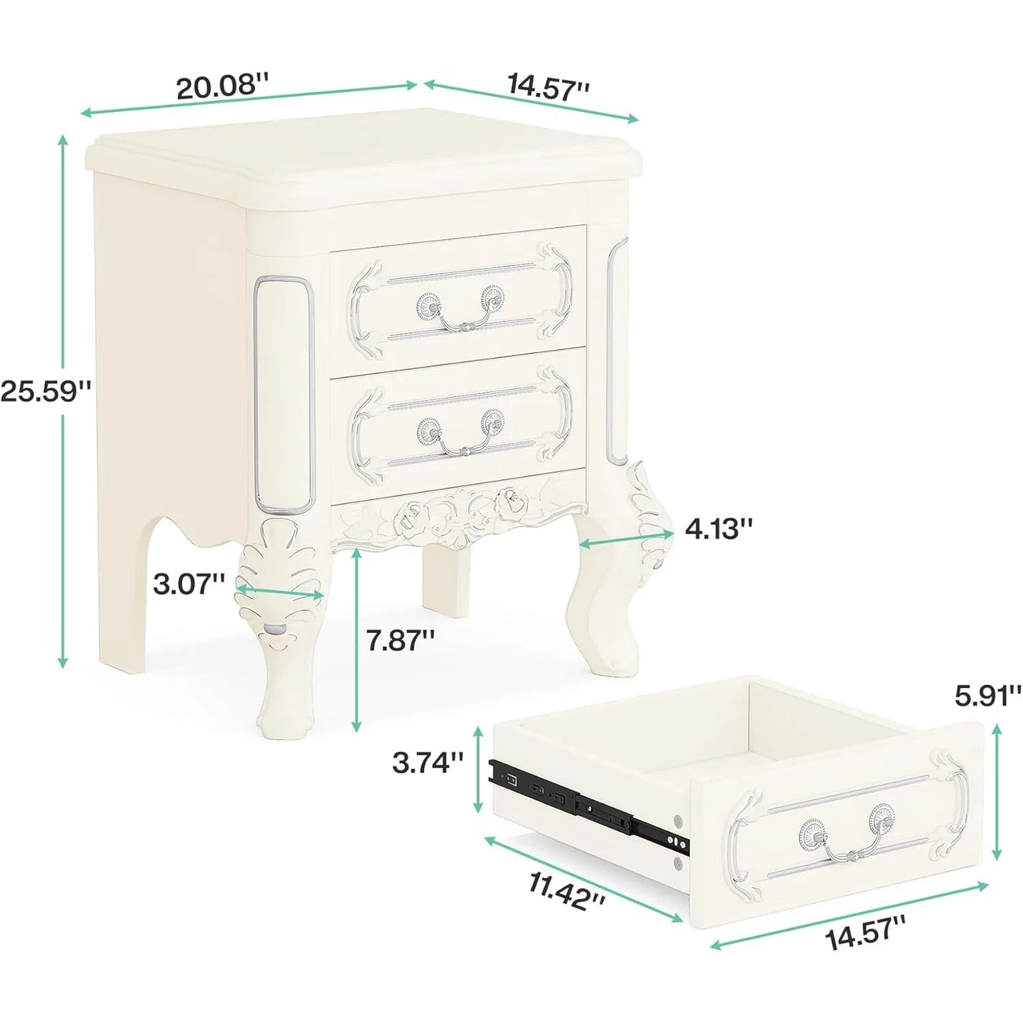 White Nightstand, End Table with 2 Drawers, Carved Bedside Tables, Side Table for Bedroom, Classic Bedroom Furniture