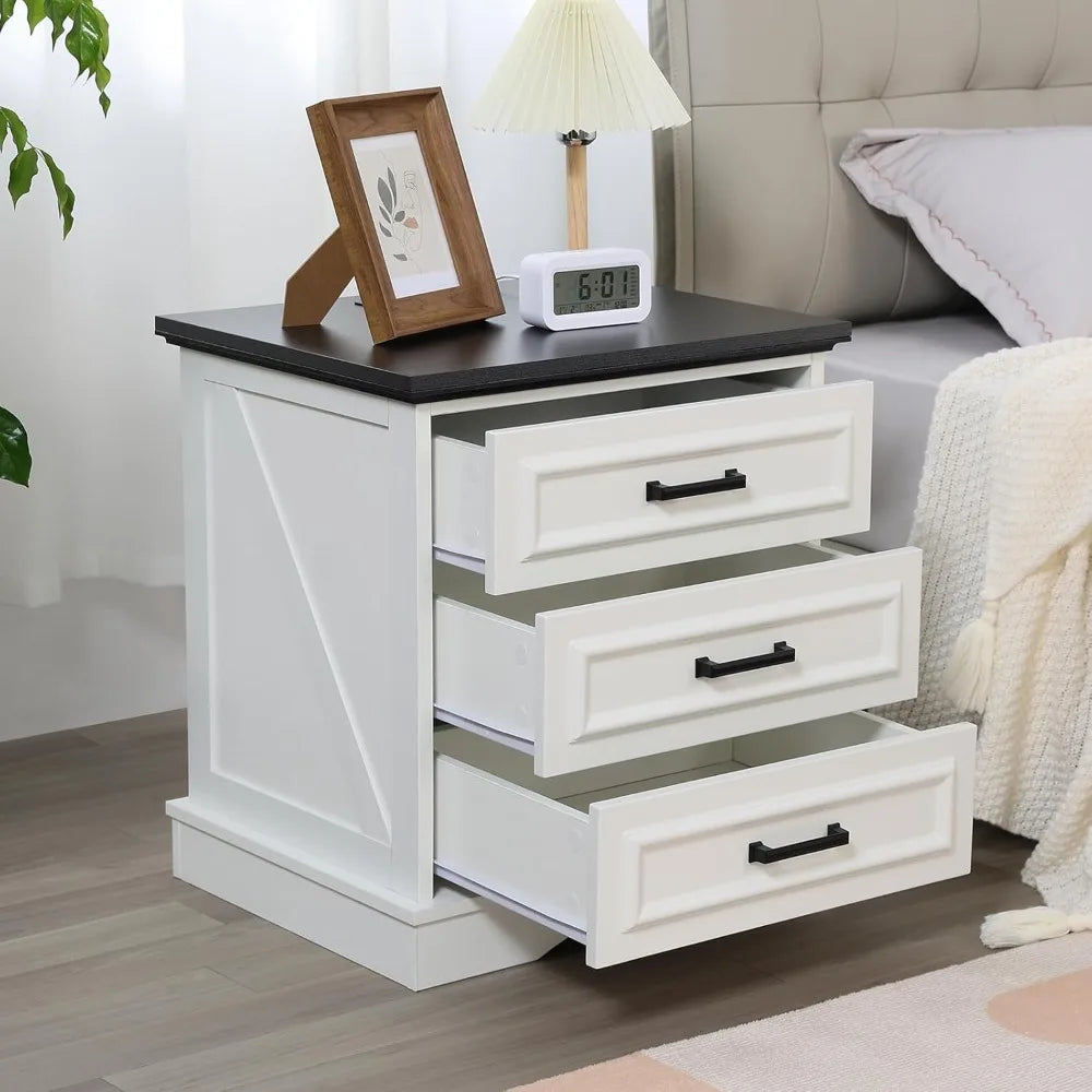 Farmhouse Night Stands Set of 2, Wood Nightstand with Charging Station, 22" Wide End Table with 3 Drawers, White, Customized