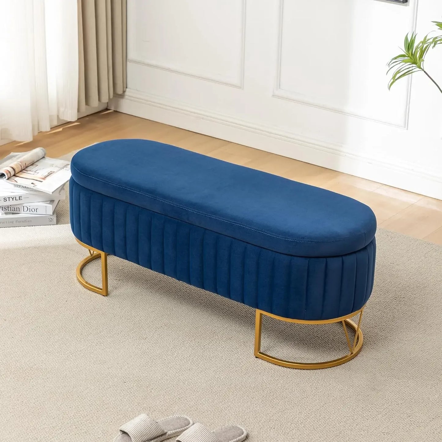 HUANZHUANG Velvet Oval Upholstered Storage Bench With Gold Legs