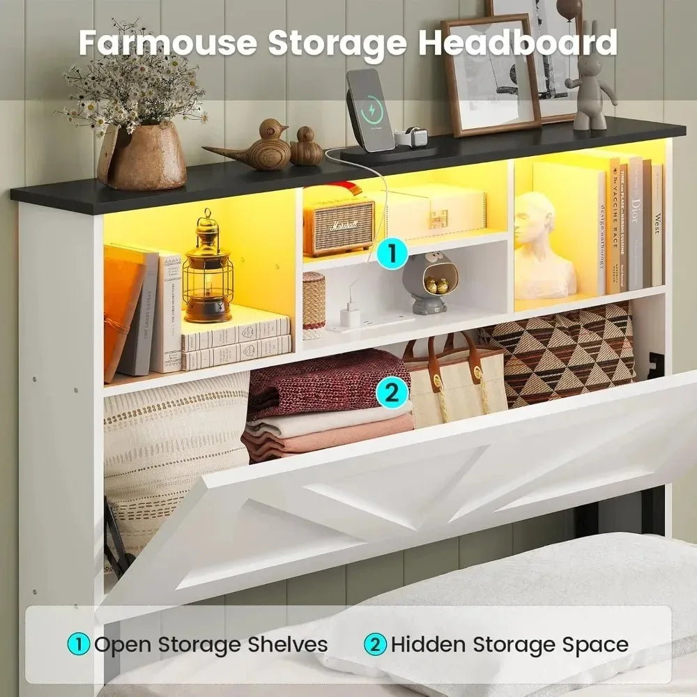 Farmhouse Style Twin Bed Frame with 4 Storage Drawers And Charging Station Wooden LED Twin Bed with Hidden Storage，Customized
