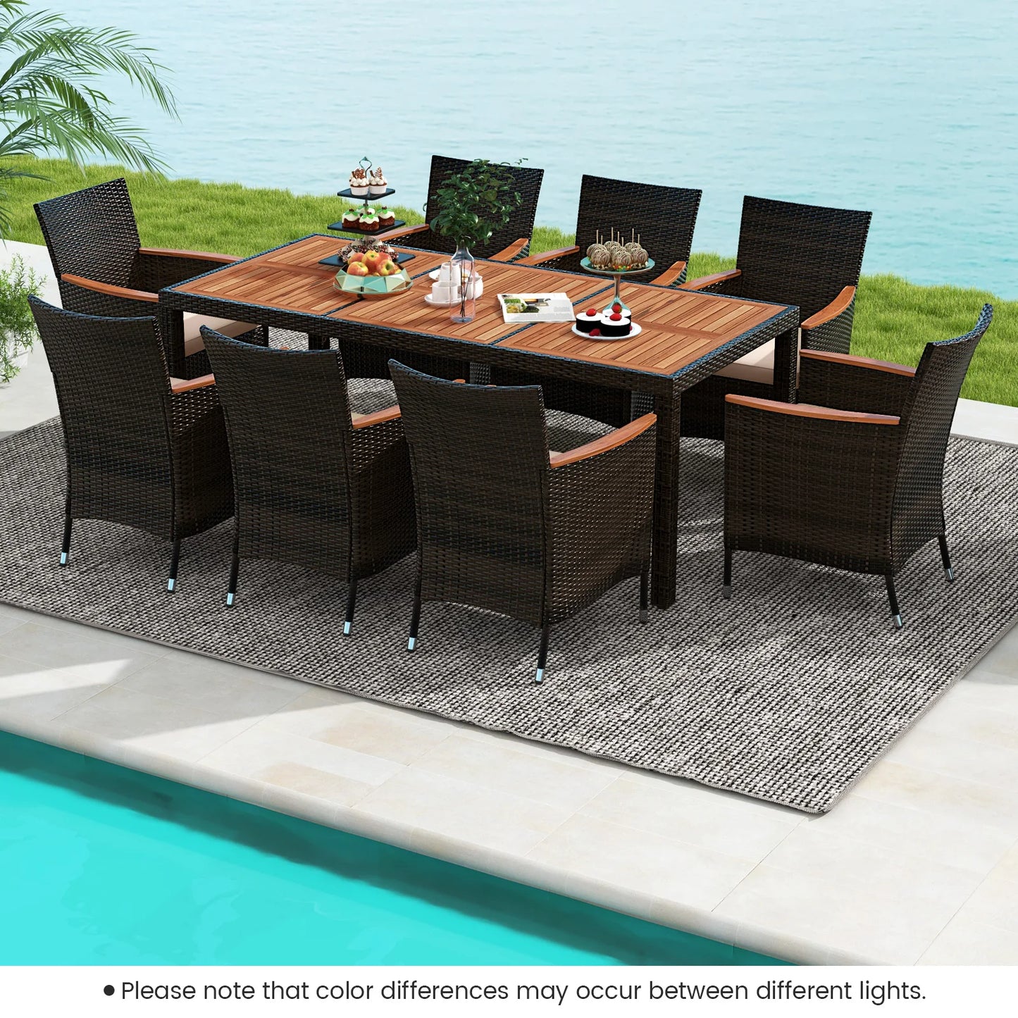 9-Piece Patio Dining Set With Wicker Chairs, Acacia Wood Table Top, Umbrella Hole And Cushions