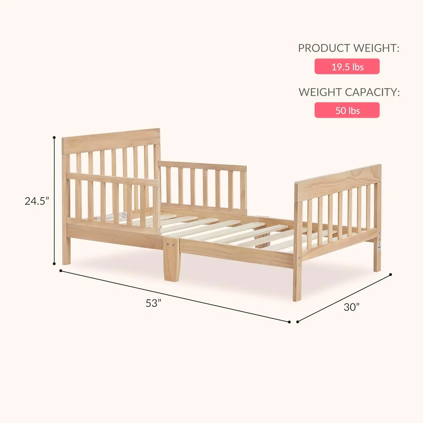 Vintage White Oak Toddler Bed with Safety Rails, Low-to-Floor Design, Greenguard Gold Certified, Non-Toxic Finish