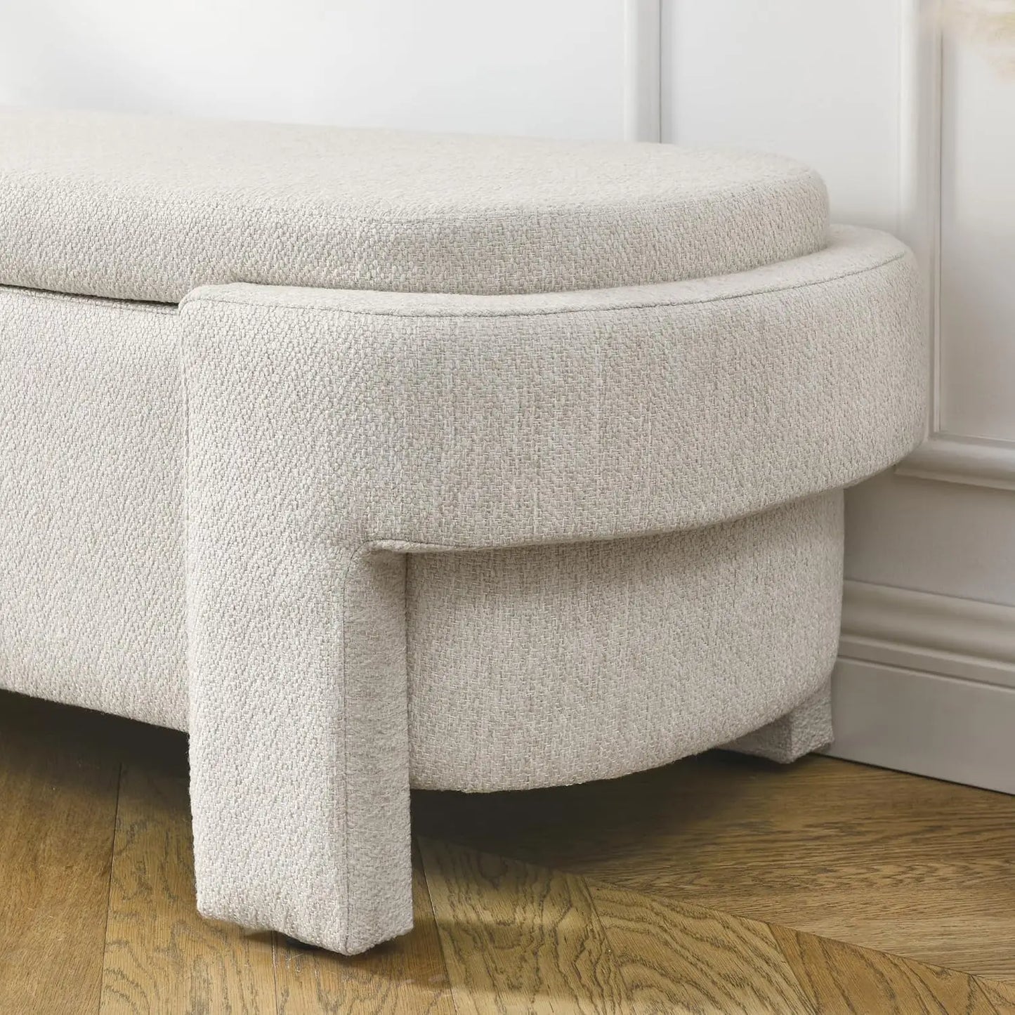 Oval Storage Bench With Linen Upholstery And Large Storage