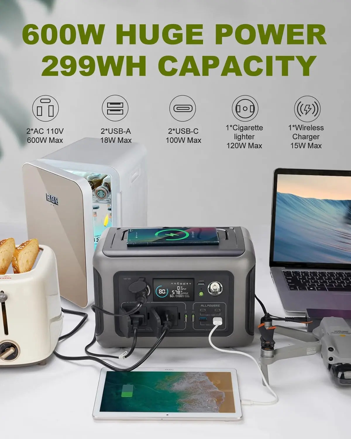 Allpowers R600 Portable Power Station 299Wh LiFePO4 Battery Powers 8 Devices With 600W Continuous Output 1200W Surge