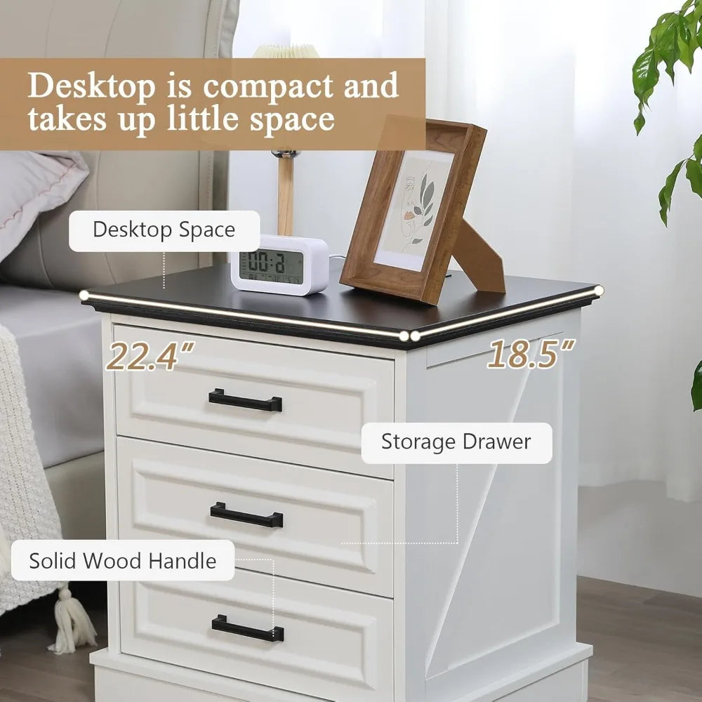 Farmhouse Night Stands Set of 2, Wood Nightstand with Charging Station, 22" Wide End Table with 3 Drawers, White, Customized