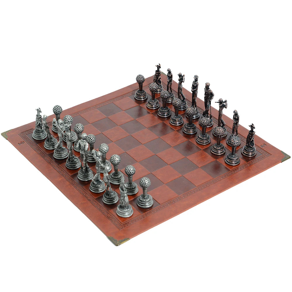 Metal Golf Theme Chess Set With Artificial Leather Chessboard