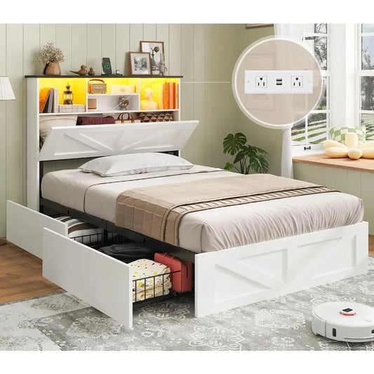 Farmhouse Style Twin Bed Frame with 4 Storage Drawers And Charging Station Wooden LED Twin Bed with Hidden Storage，Customized
