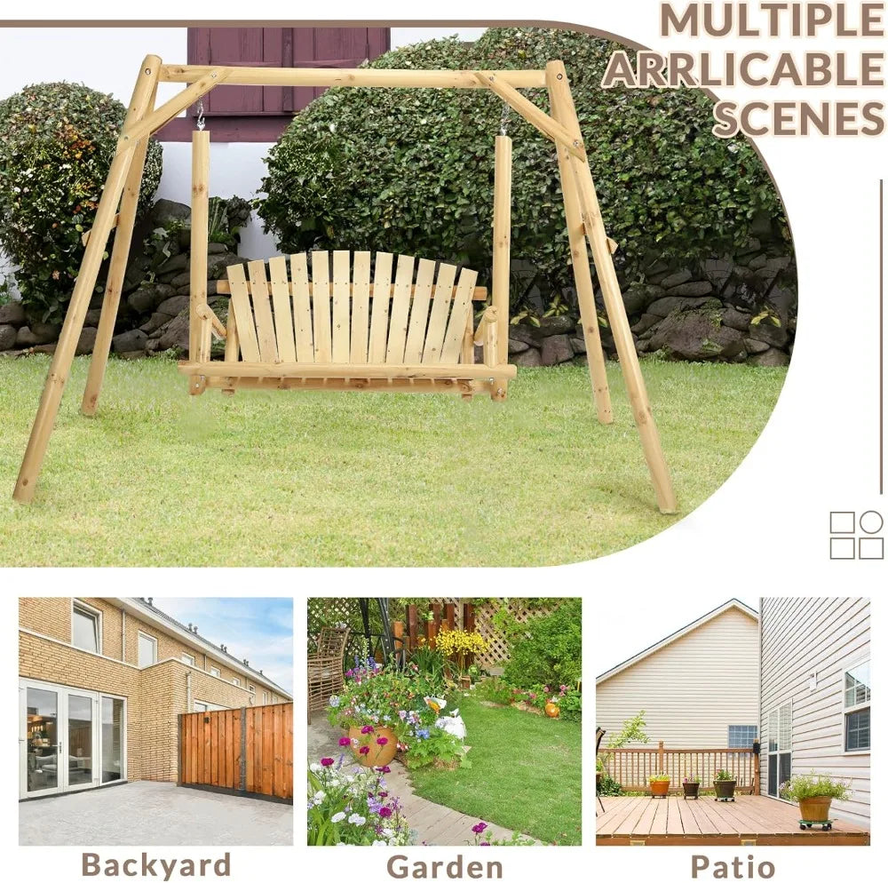 Wooden Porch Swing With Stand Rustic Hardwood Bench Natural Finish