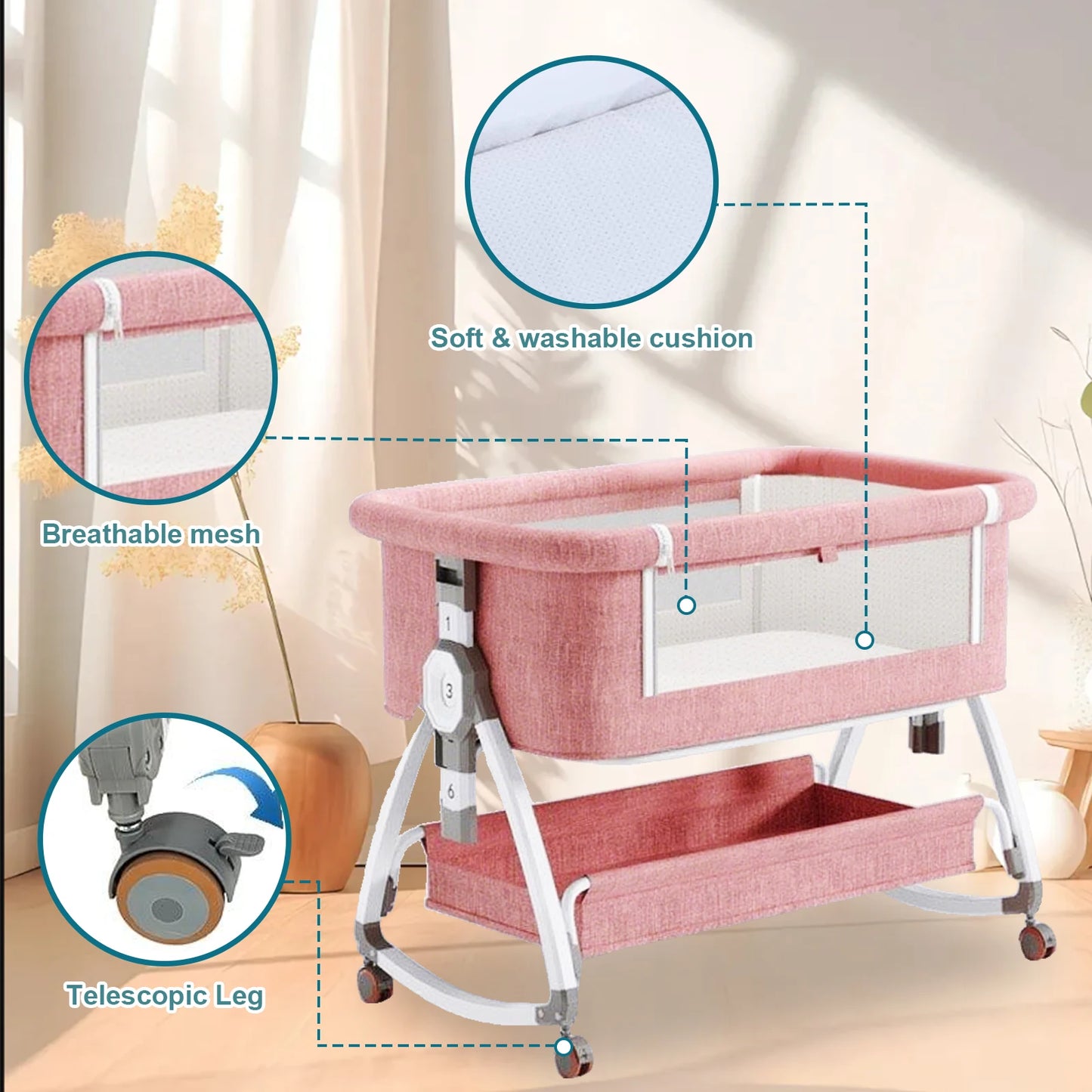 90x55cm Baby Crib Portable Splicing Cradle Bed With Wheels,Mosquito Net Foldable Height Adjustable Movable Bedside Swing Beds