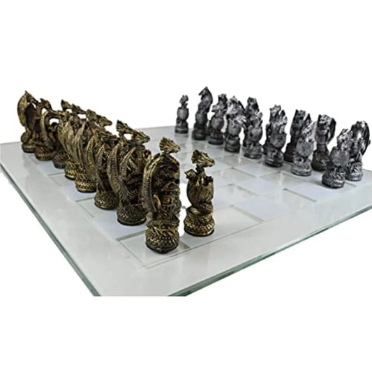 Ebros Mythical Medieval Fantasy Silver and Gold Colored Dragon Old World Kingdoms Resin Chess Pieces with Frosted Glass Board S