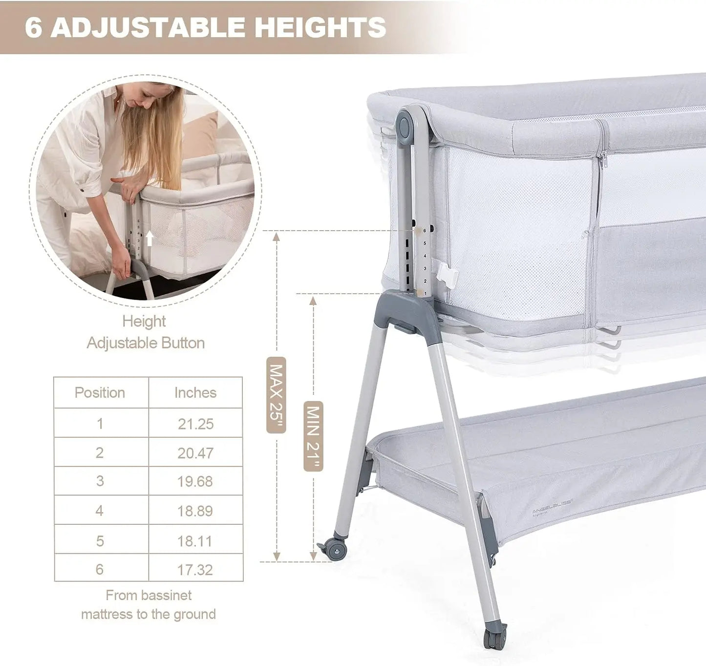 Portable Baby Bassinet with Wheels, Adjustable Height & Mattress for Newborns up to 20 lbs