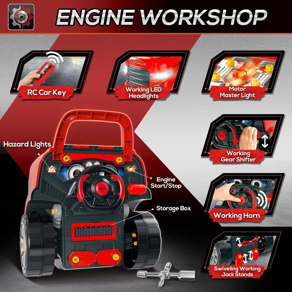 Truck Engine Toy,  Pretend Car Service Station Play with 61-Piece Included, Kids Mechanic Set with Lights,Toy Kids Aged 3+, Red