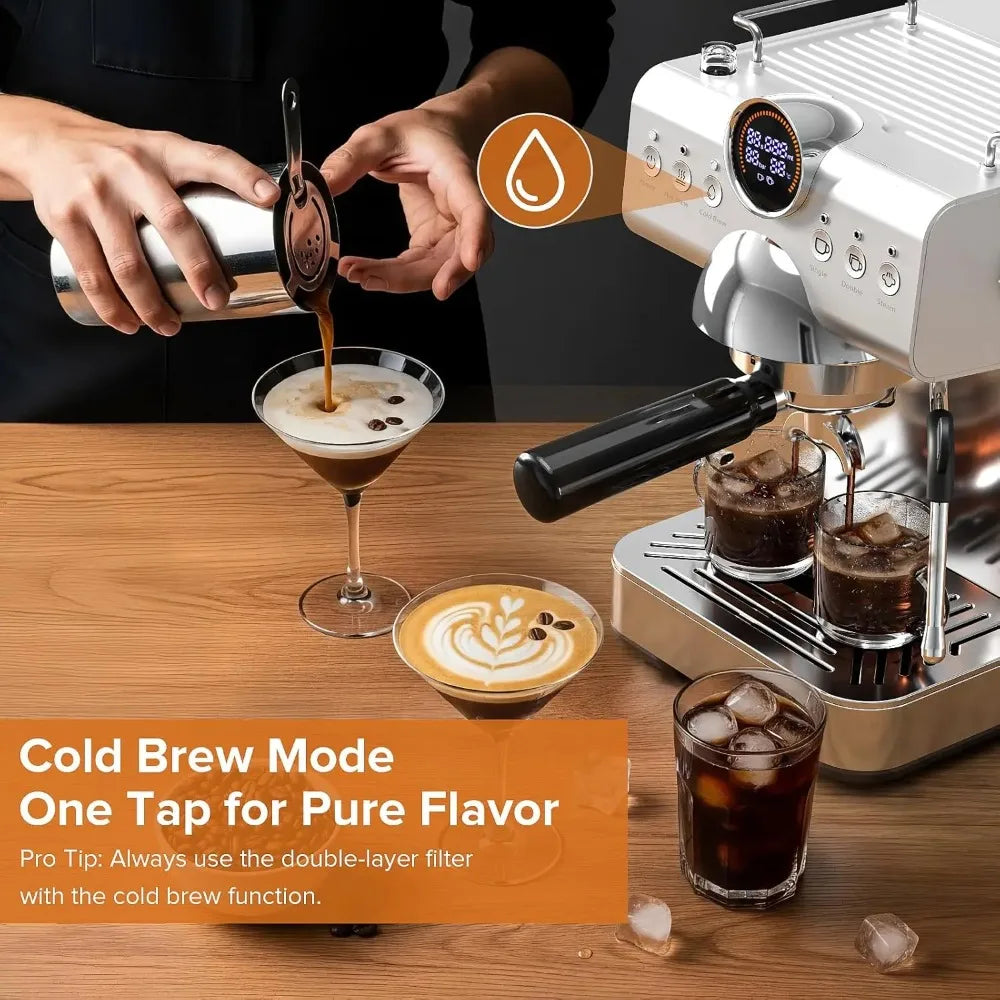 Espresso Machine with Cold Brew, 20 Bar Espresso Maker with Milk Frother, Stainless Steel Coffee Machine with 1.5L, Customized