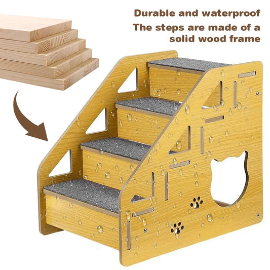 4-Step Wooden Pet Stairs Nonslip Carpeted Cat and Dog Steps Indoor Pet Steps Wooden Pet Ladder for Dogs and Cats