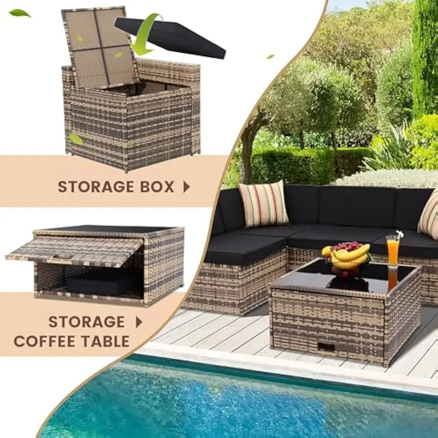 Outdoor Wicker Rattan Patio Furniture Sectional Set With Hidden Storage