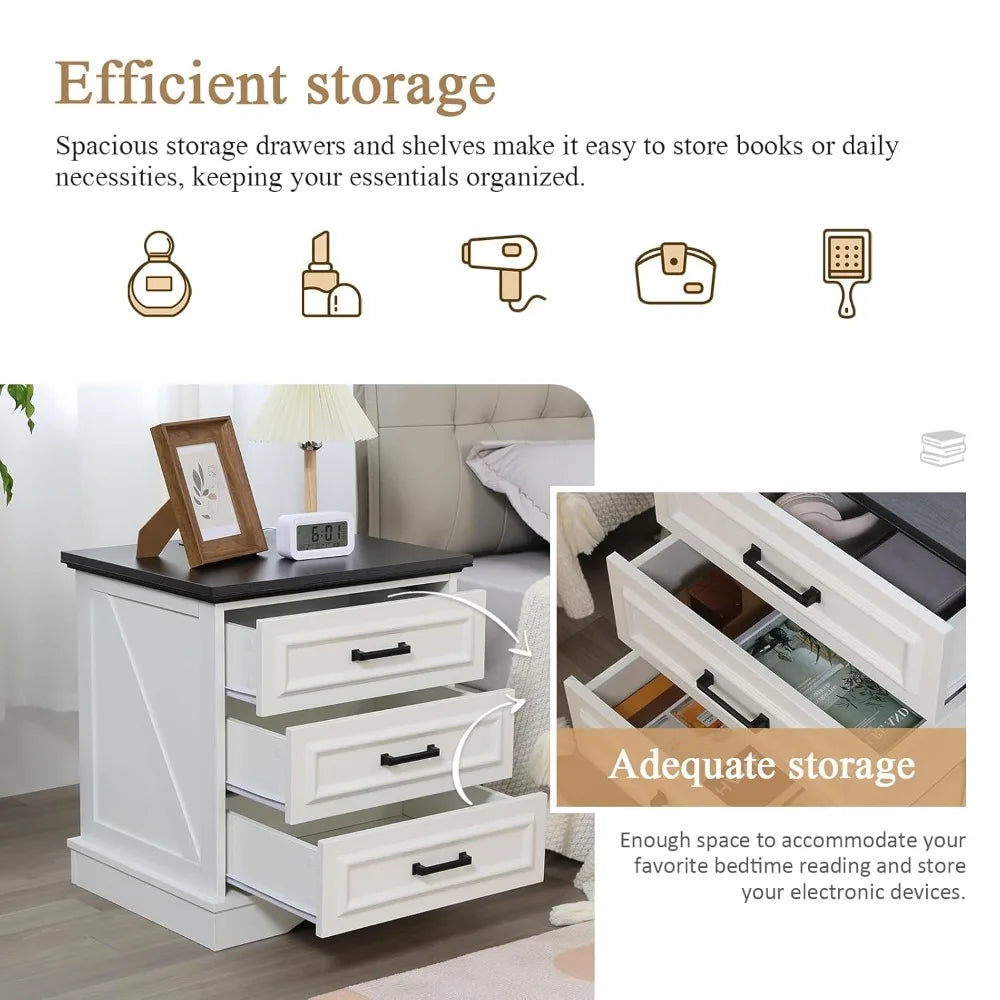 Farmhouse Night Stands Set of 2, Wood Nightstand with Charging Station, 22" Wide End Table with 3 Drawers, White, Customized