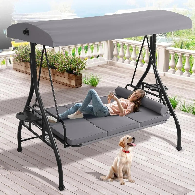 Abo 3-Seat Outdoor Porch Swing With Canopy Cup Holder